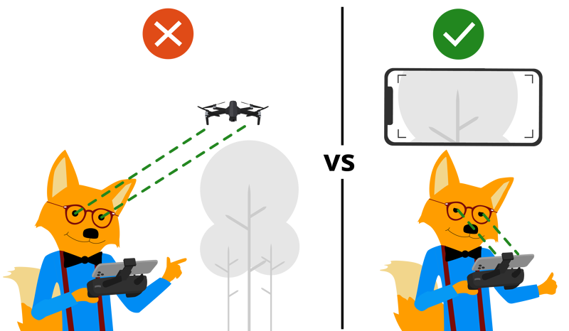 Der Smart-Home-Fox schaut stets auf das Smartphone bevor er die Drohne über ein Hindernis fliegen lässt um die Höhe nicht zu unterschätzen